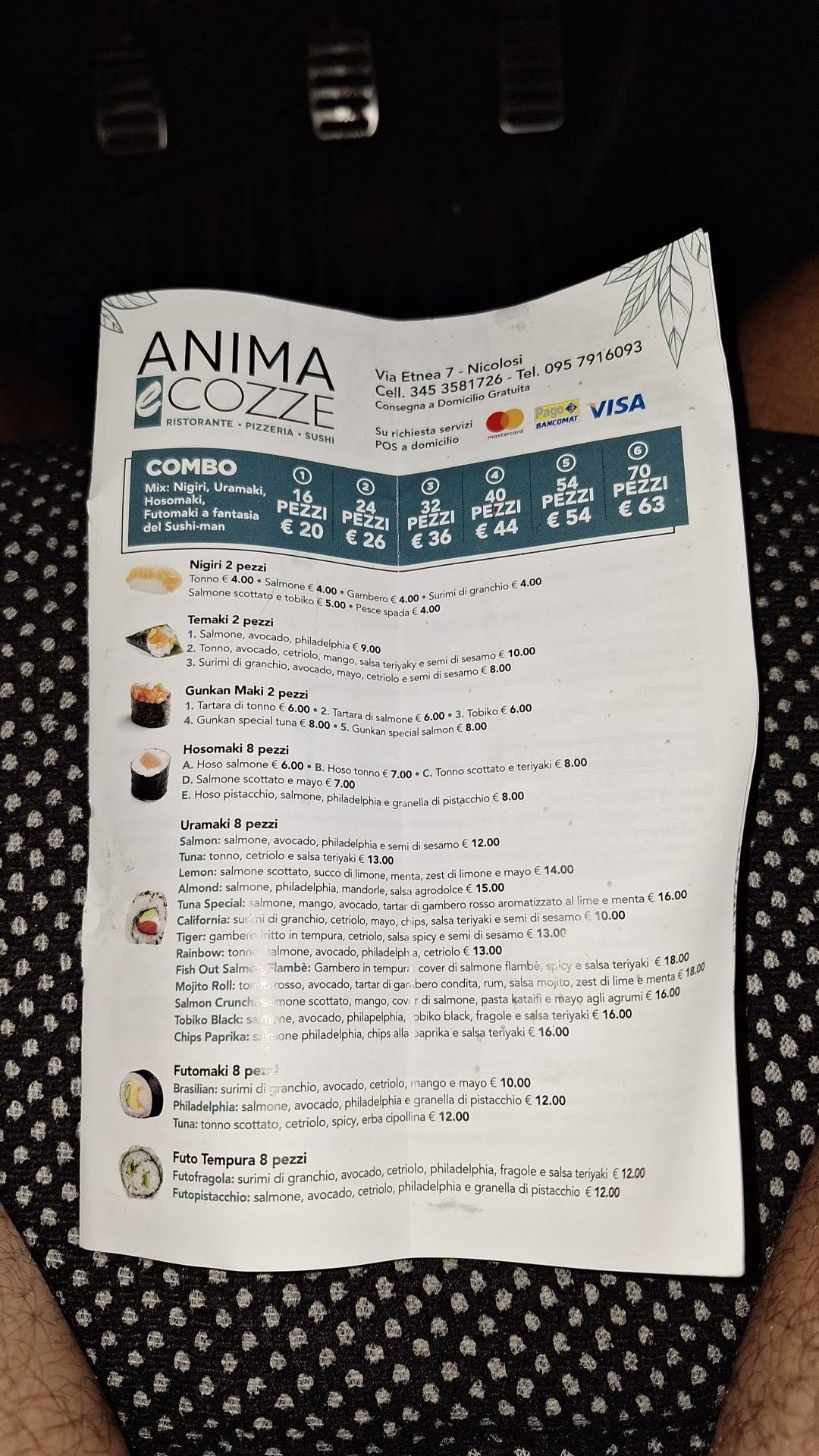 Menu di Anima e Cozze Ristorante Pizzeria Sushi 