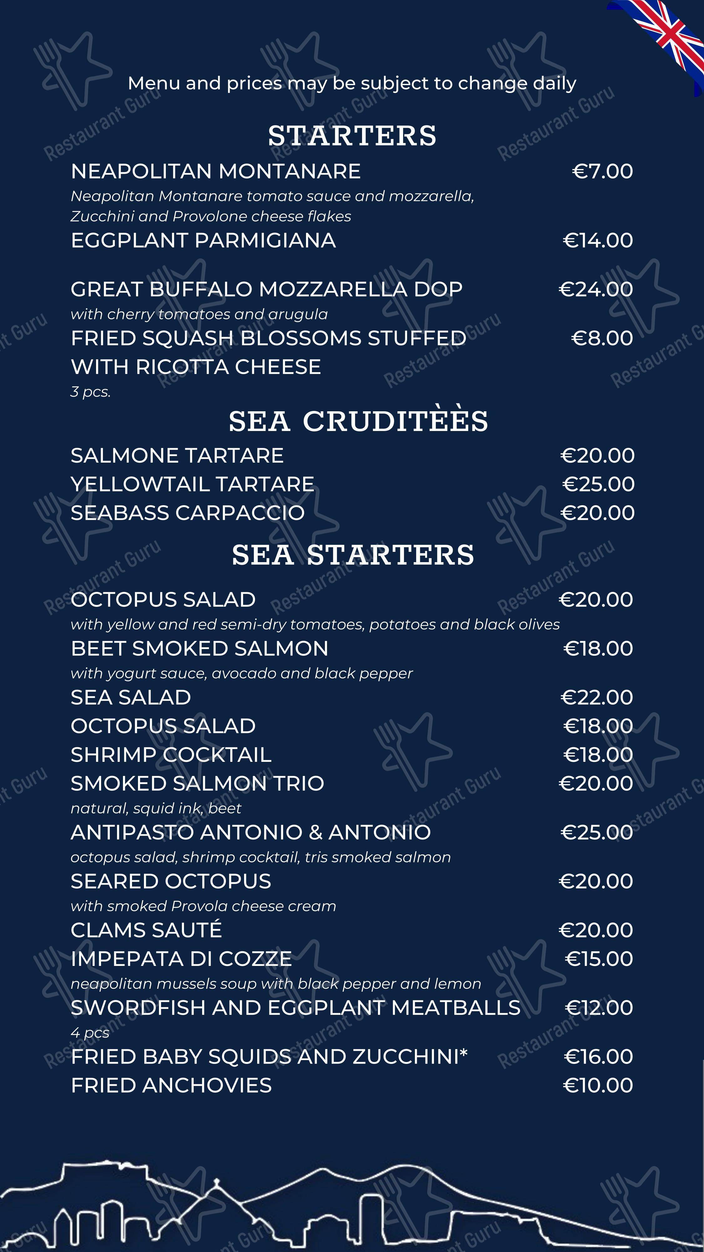 Menu bar per antonio & antonio pizzeria