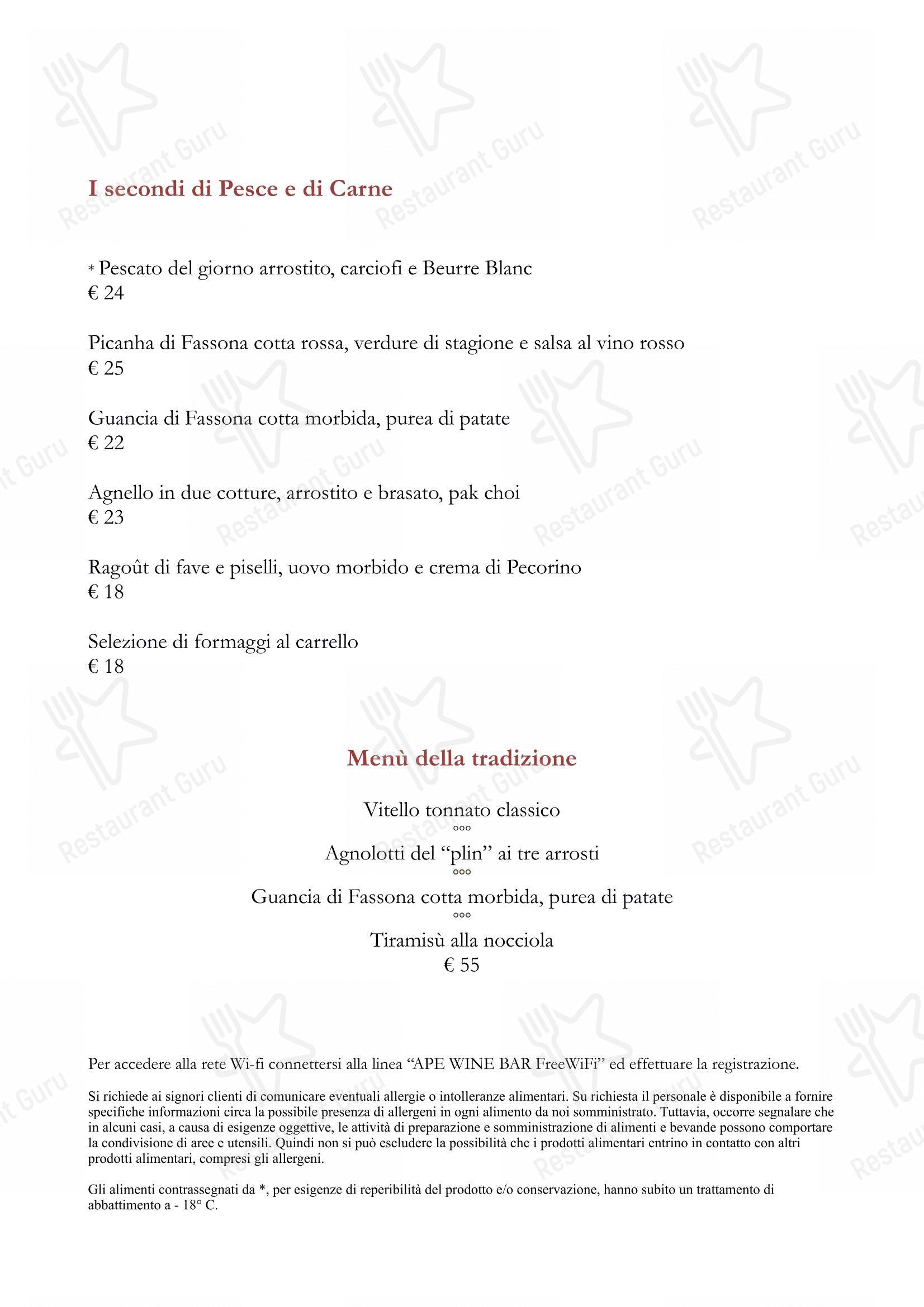 Menu di Ape Vino e Cucina - Alba - Menu bar
