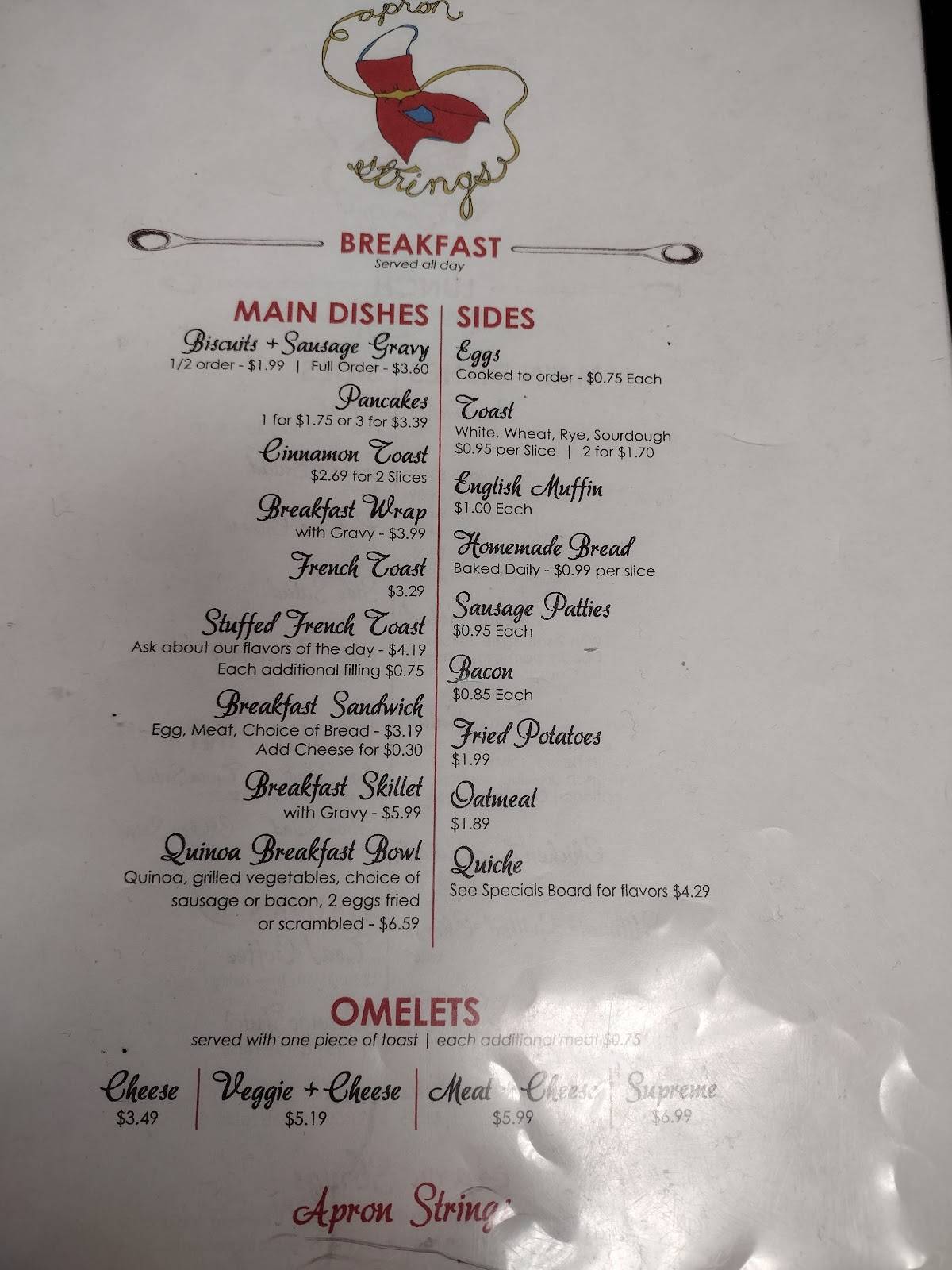 Menu at Apron Strings Diner cafe, Bedford