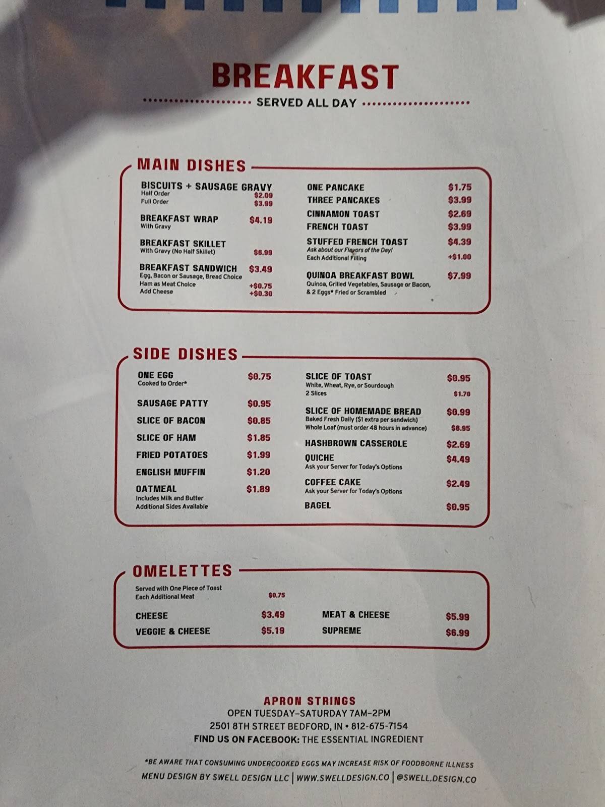 Menu at Apron Strings Diner cafe, Bedford