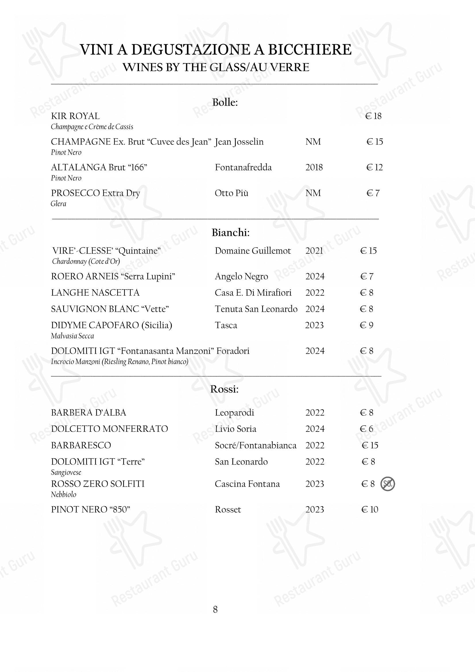 Menu pour Arcadia dans Turin