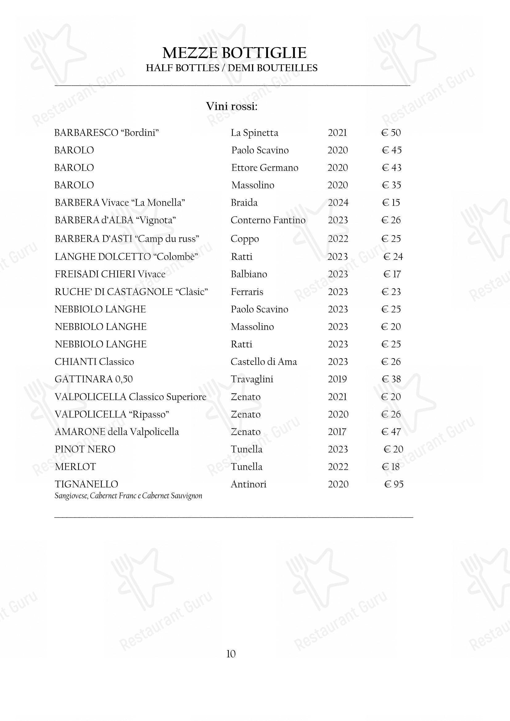 Menu pour Arcadia dans Turin