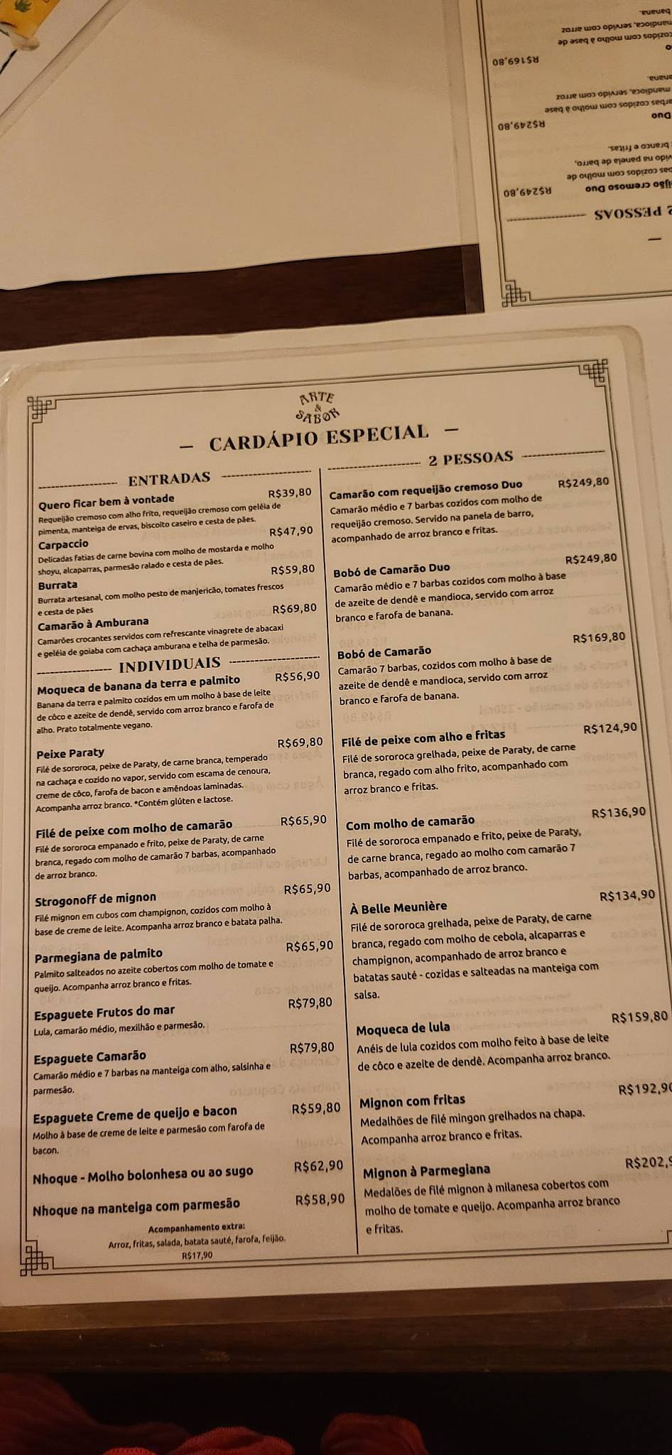 Restaurante Arte e Sabor cardápio
