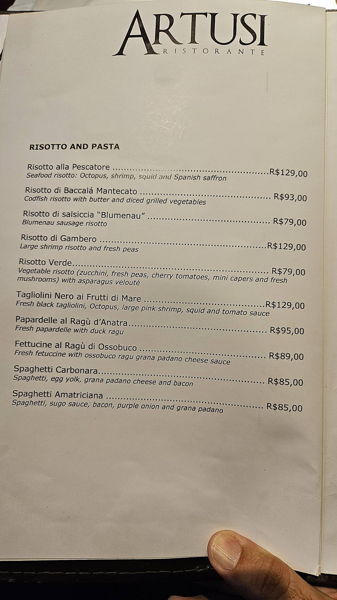 Artusi Restaurante cardápio