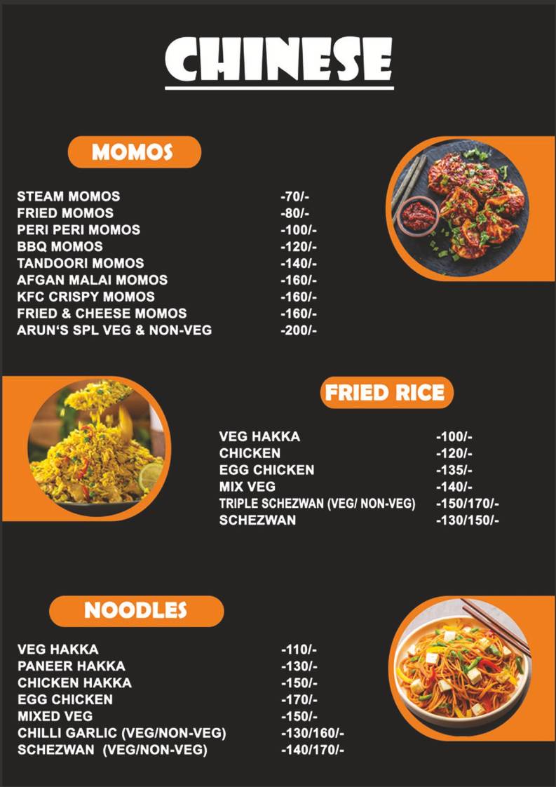 Arun's Restro and Cafe menu