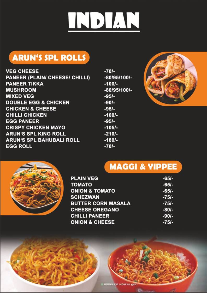 Arun's Restro and Cafe menu