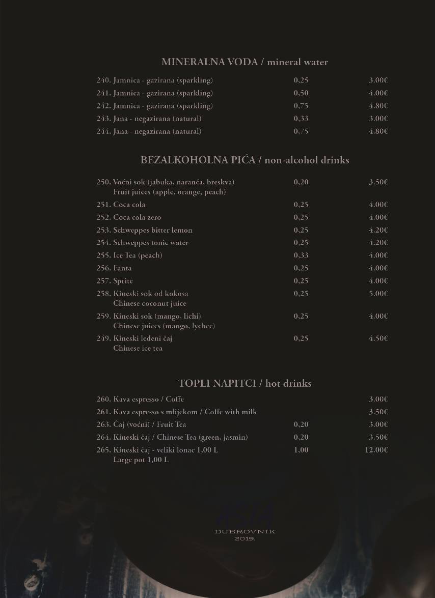 Menu di Asia restaurant Dubrovnik 
