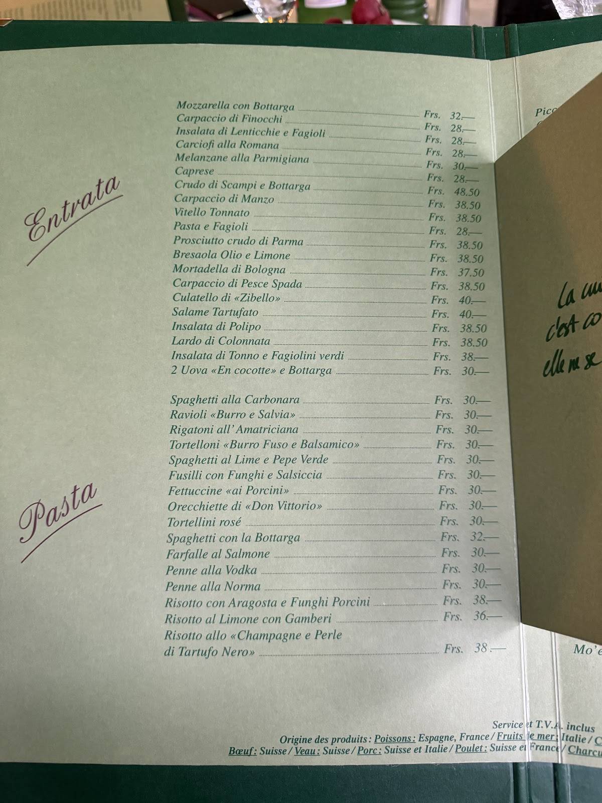 Menu de Auberge d'Onex