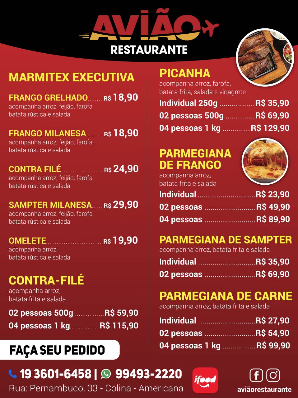 Avião Restaurante cardápio