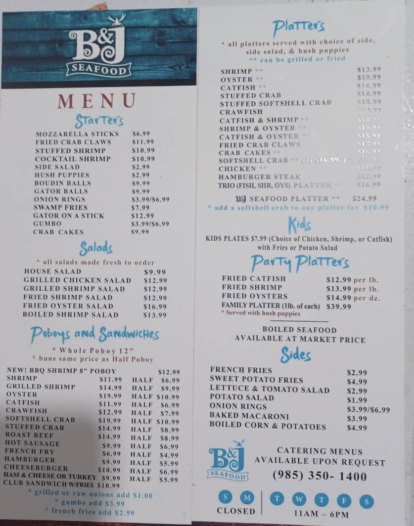 Menu At B & J Seafood Restaurant, Hammond