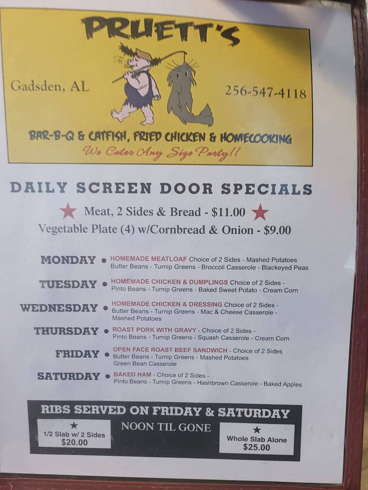 Menu At Pruett's Bar-B-Q, Gadsden