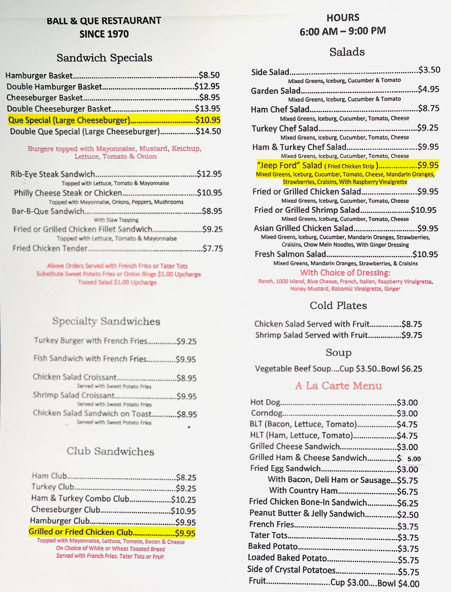 Menu at Ball & Que Restaurant,