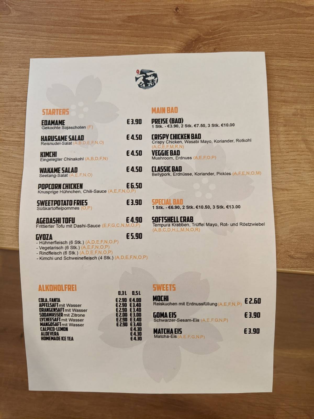 Menu at Bao Bar Ichi Go Ichi E, Graz