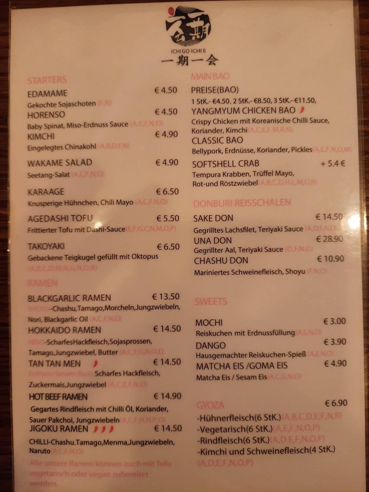 Menu at Bao Bar Ichi Go Ichi E, Graz
