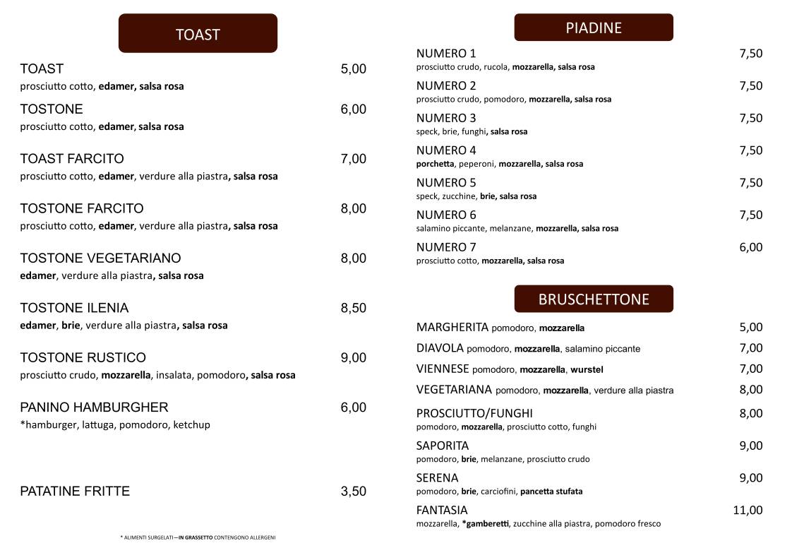 Menu di Bar Centrale I Coppi di Coppo Mauro & c. s.n.c. 