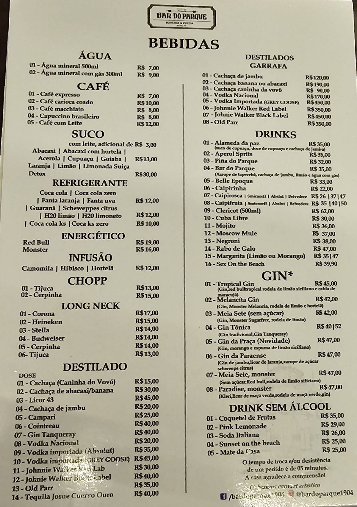 Bar do Parque cardápio