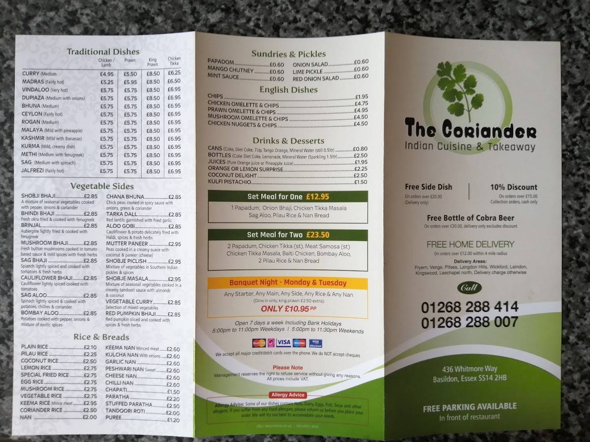 Menu at The Coriander restaurant, Basildon, 436 Whitmore Way