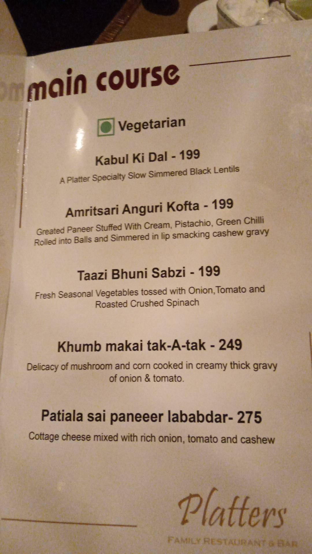 Platters Restaurant & Bar menu