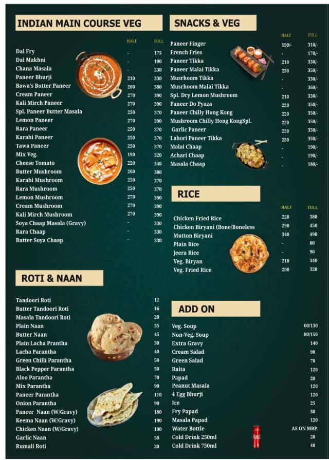 Bawa's Cafe menu