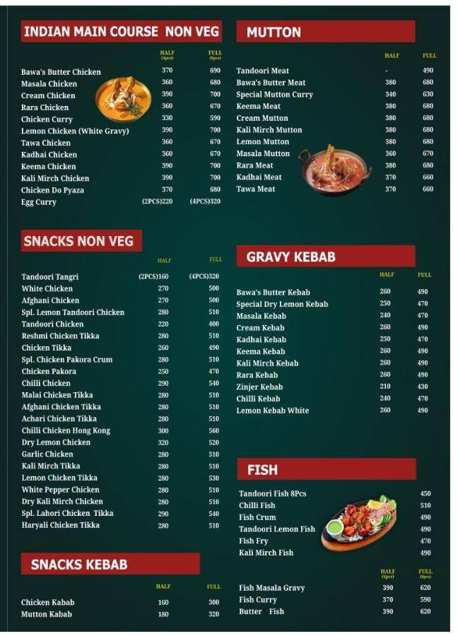 Bawa's Cafe menu