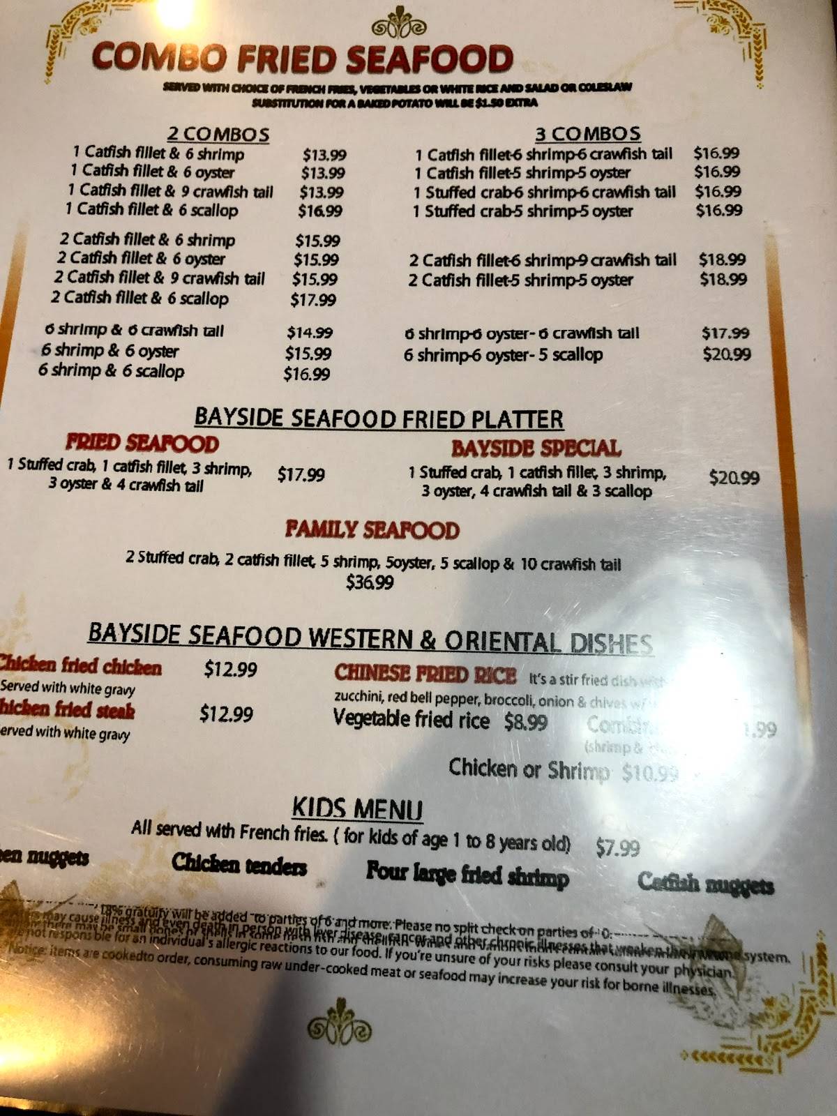Menu at Bayside Seafood restaurant, Port Lavaca