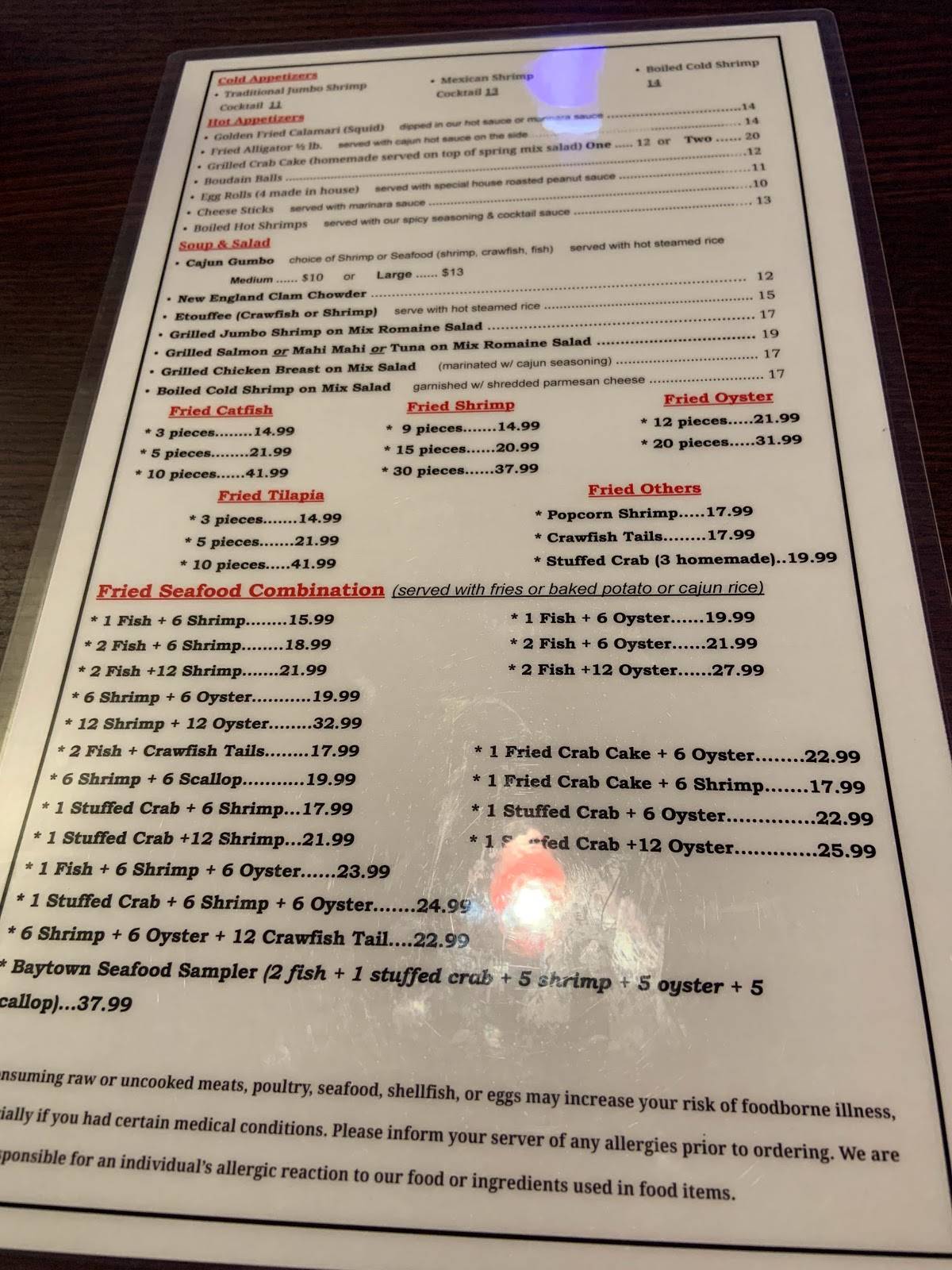 Menu at Baytown Seafood Restaurant, Victoria