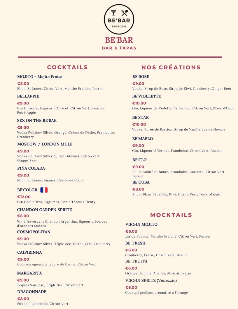 Menu de Be’Bar