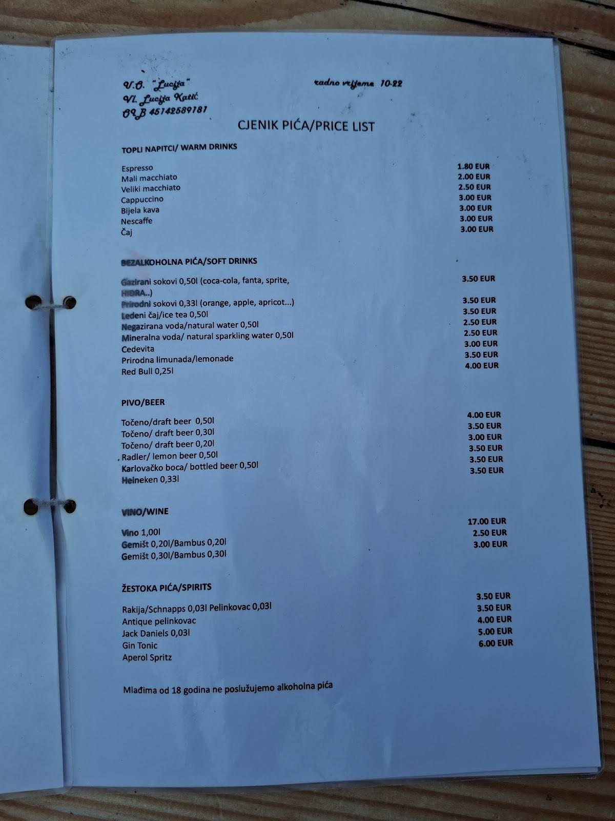 Menu di Beach bar Lucija 