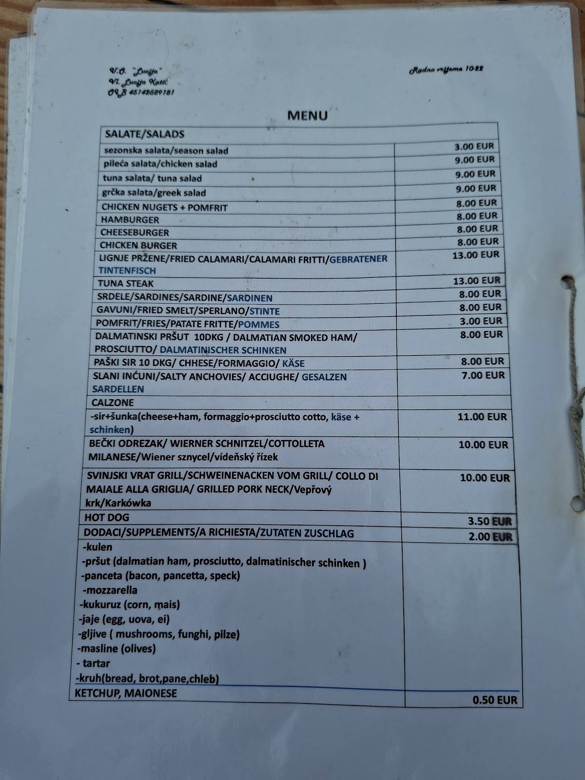 Menu di Beach bar Lucija 