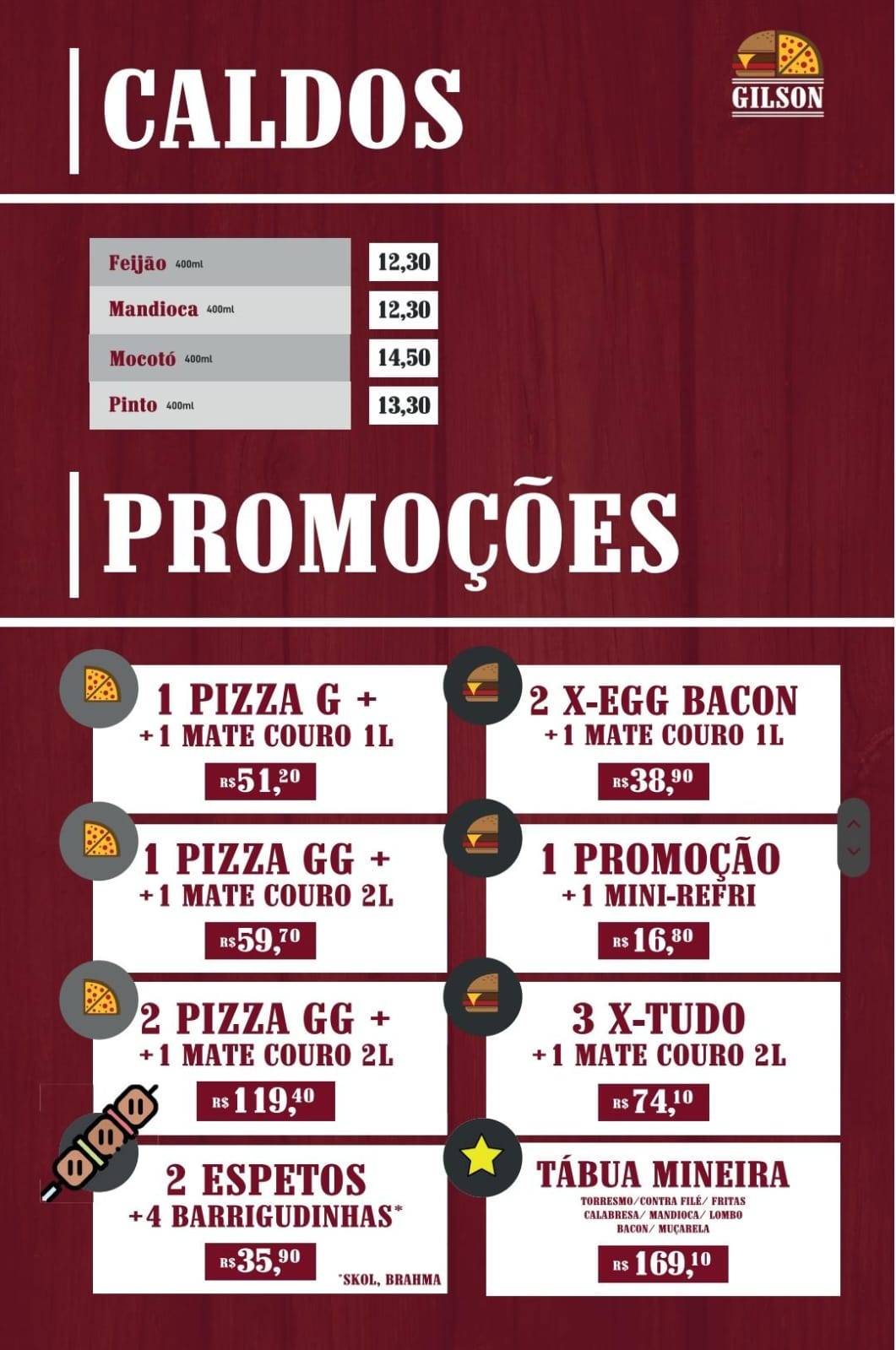 Gilson Burger e Pizzaria cardápio