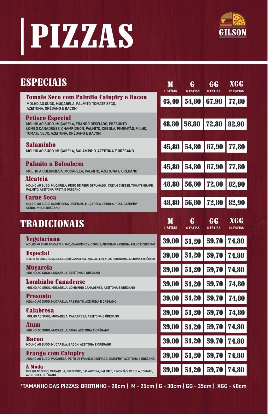 Gilson Burger e Pizzaria cardápio