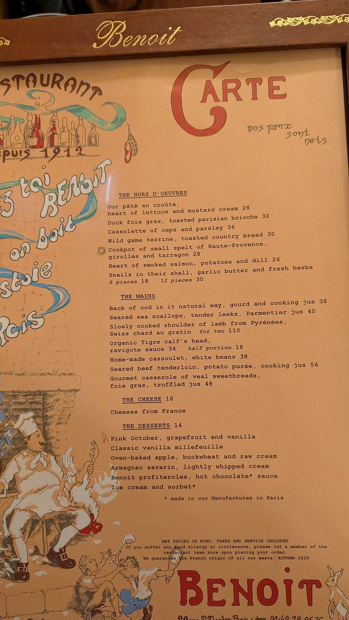 Menu de Benoit Paris