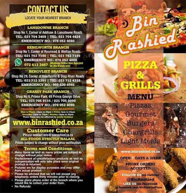 Menu at Bin Rashied Kenilworth restaurant, Cape Town, 1 Rosmead Ave