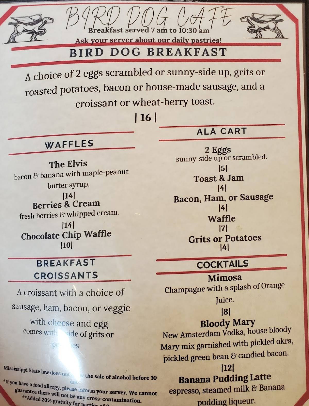 Menu at Bird Dog Cafe, Laurel