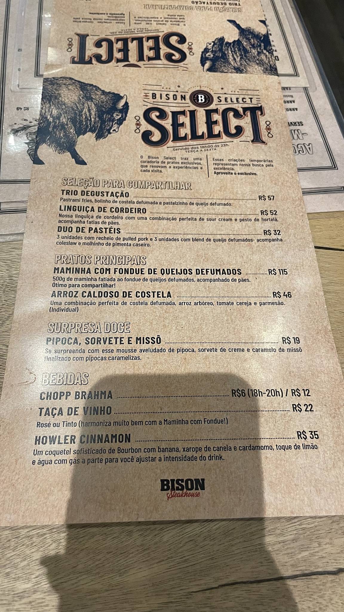 Bison Steakhouse cardápio