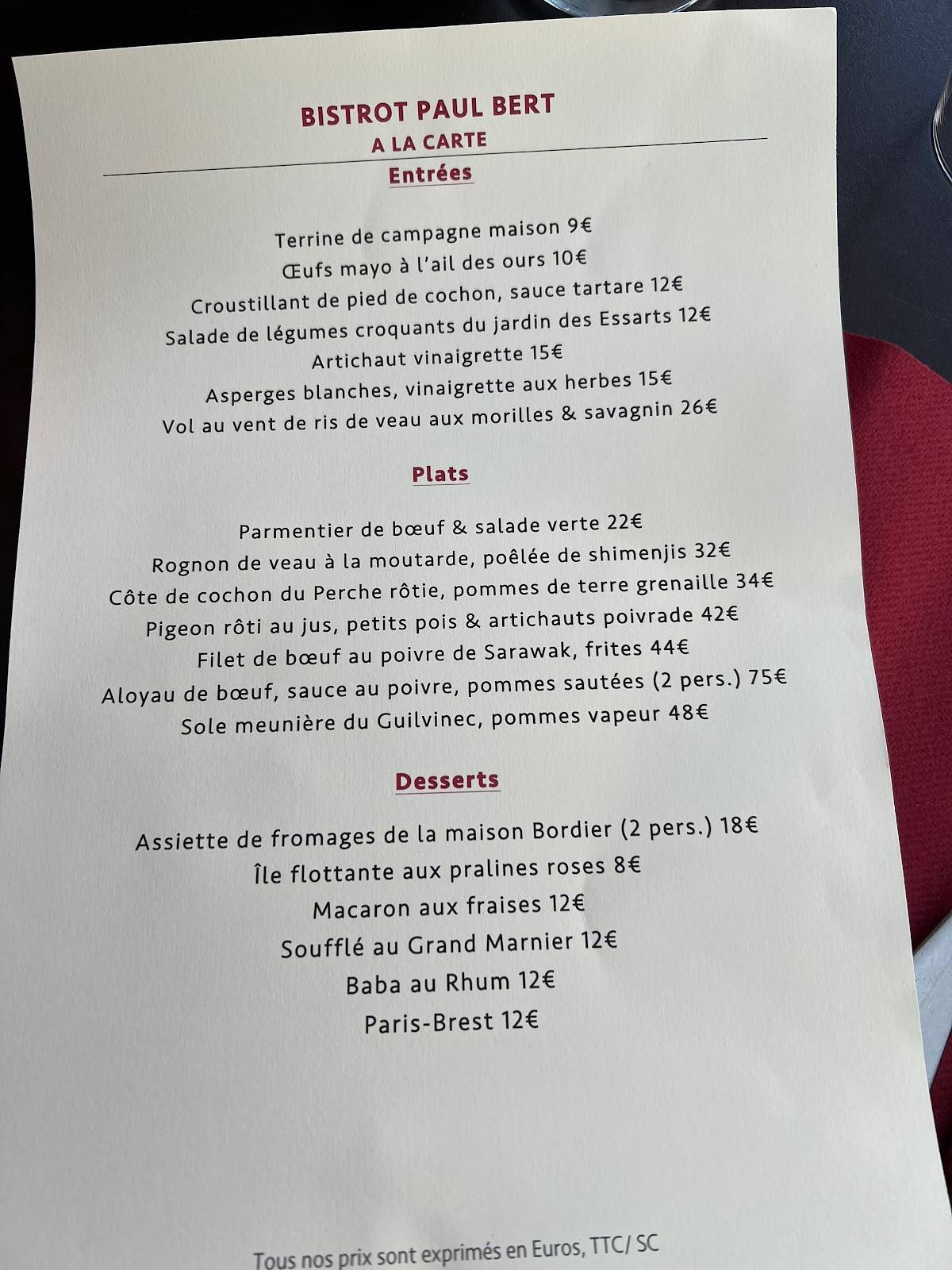 Menu at Bistrot Paul Bert restaurant, Paris