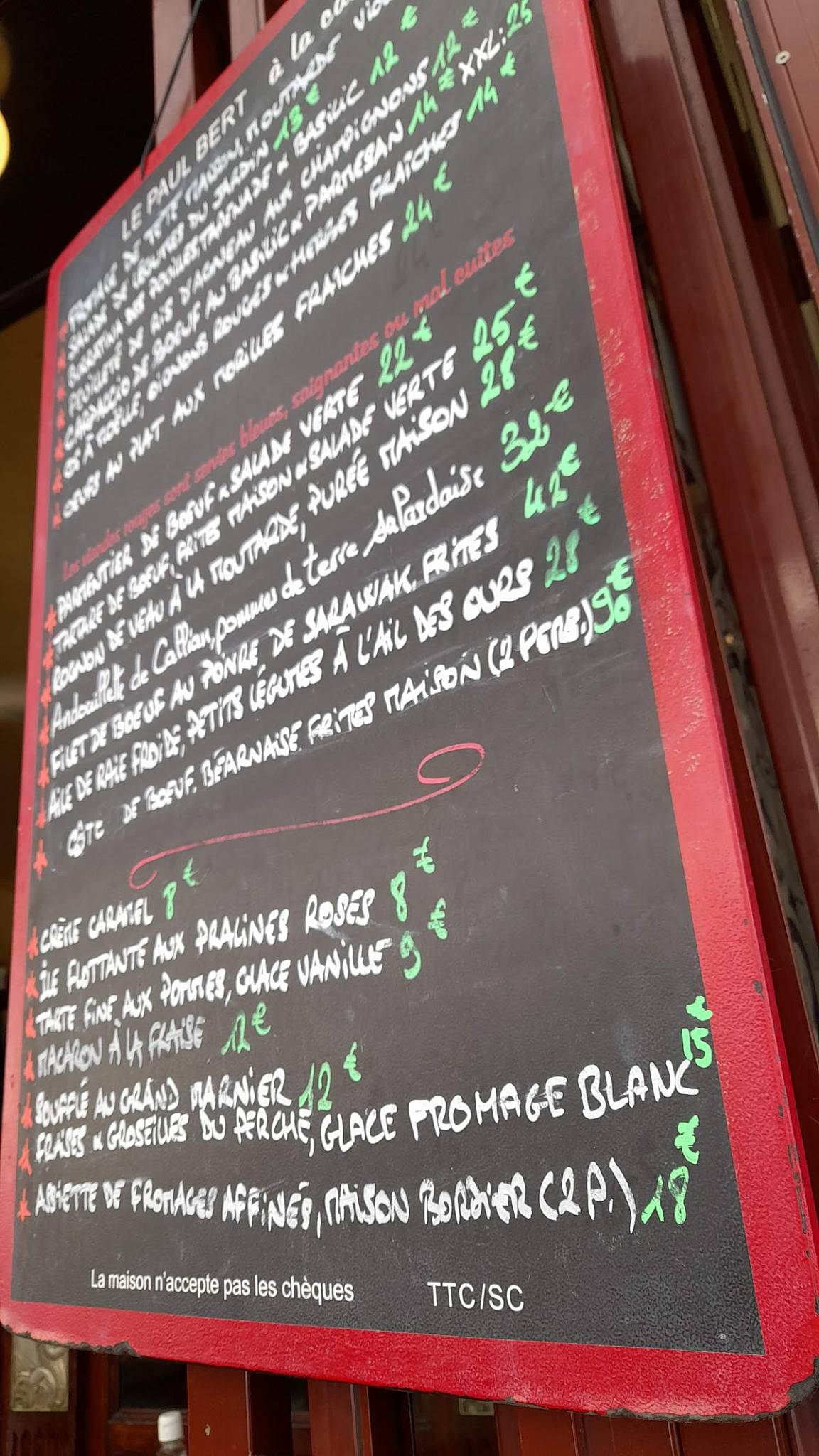 Menu at Bistrot Paul Bert restaurant, Paris