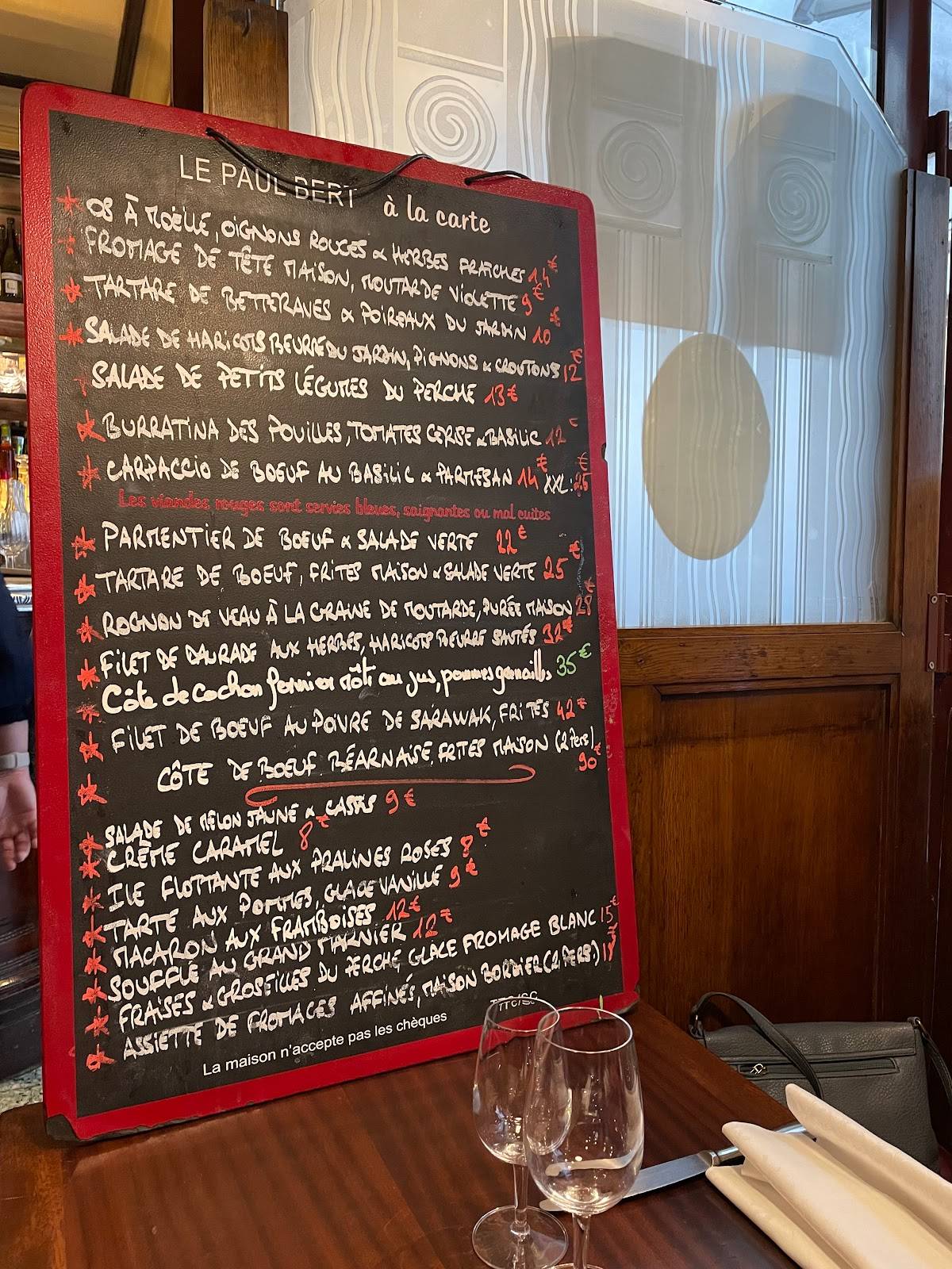 Menu at Bistrot Paul Bert restaurant, Paris