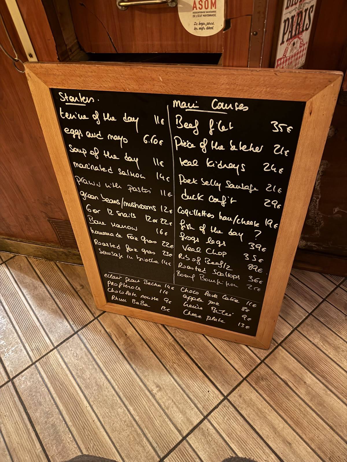 Menu de Bistrot Paul Chêne