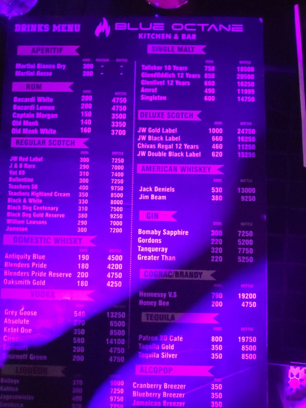Blue Octane Lounge menu
