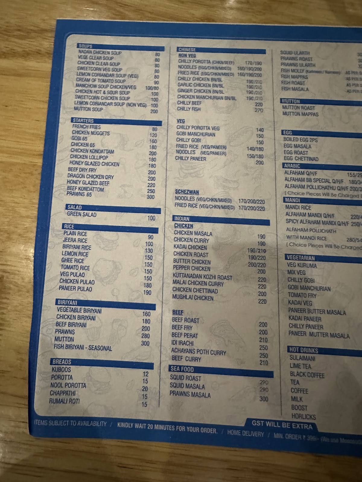 Bluebee RestoCafe menu