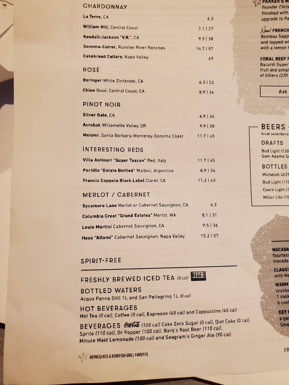 Menu at Bonefish Grill restaurant, Schaumburg