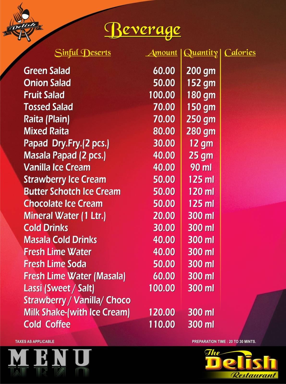 Delish menu