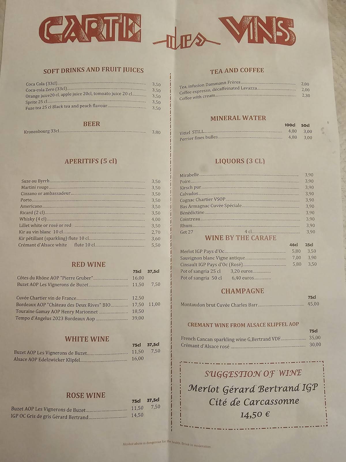 Menu de Bouillon Chartier Gare de l'Est