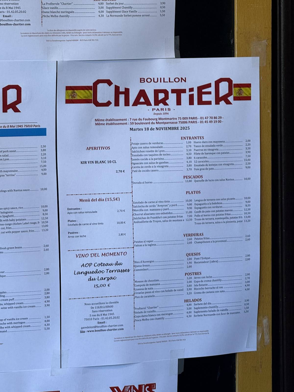 Menu de Bouillon Chartier Gare de l'Est