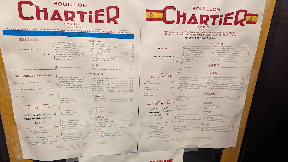 Menu de Bouillon Chartier Gare de l'Est