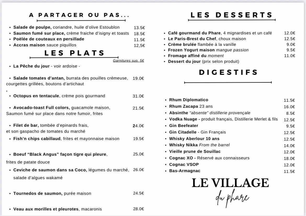 Menu de Le Village du Phare - Huîtres et fruits de mer