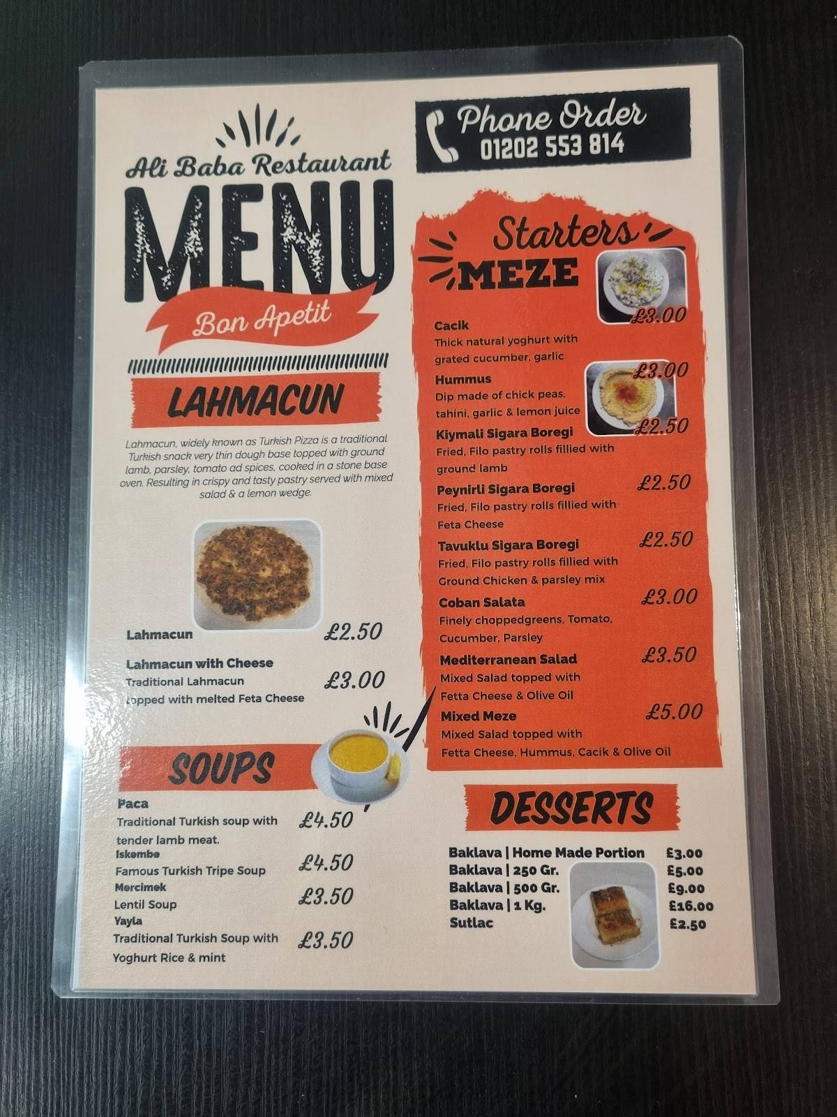 Menu at Ali Baba restaurant, Bournemouth, 62 Charminster Rd
