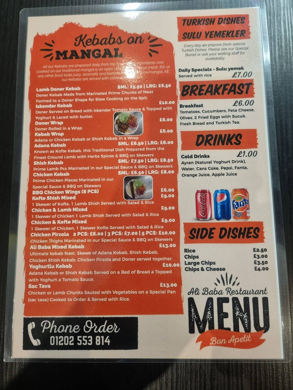 Menu at Ali Baba restaurant, Bournemouth, 62 Charminster Rd